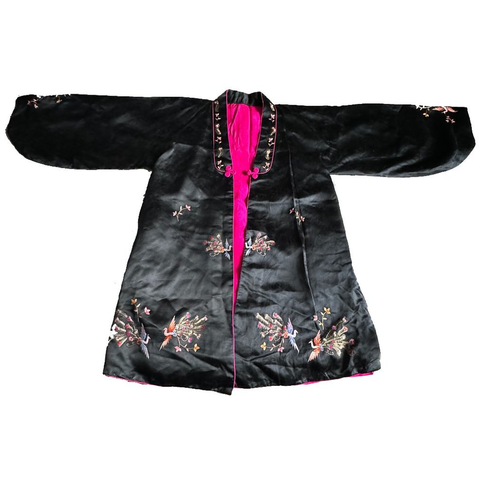 Vintage Embroidered Silk Kimono Jacket with Peacocks - Picture 2 of 13